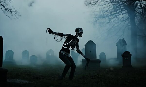 A skeleton is standing in front of a cemetery. The cemetery is full of gravestones and the atmosphere is eerie and spooky