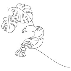 Hand drawn toucan bird vector. Monstera leaves line continuous drawing. Abstract linear illustration, minimal icon, print, banner, card, wall art, poster, brochure, doodle, cartoon, symbol, wildlife