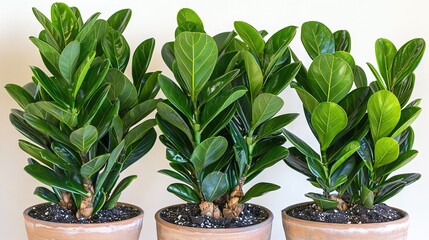 Fototapeta premium Three potted plants sit together atop a wooden table, facing a white wall