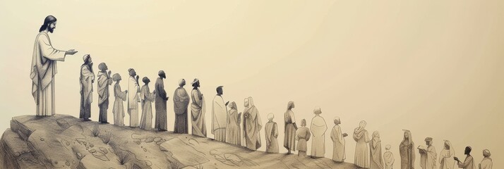 Naklejka premium Jesus teaching the Beatitudes to a diverse crowd on a hill, symbolizing divine wisdom and guidance, ideal for biblical illustration and inspirational content