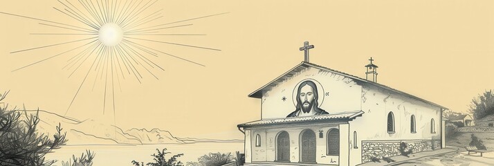 Biblical Illustration of a Beautiful Sunrise Over a Quiet Church with Jesus' Image Subtly Illuminated - Ideal for Spiritual and Religious Themes