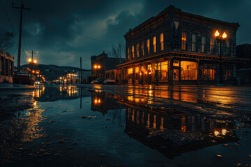On a rainy night, the streetlights beside the street