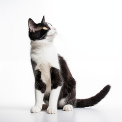Black And White Cat Looking Upward Against A Plain White Background, Displaying Curiosity And Alertness