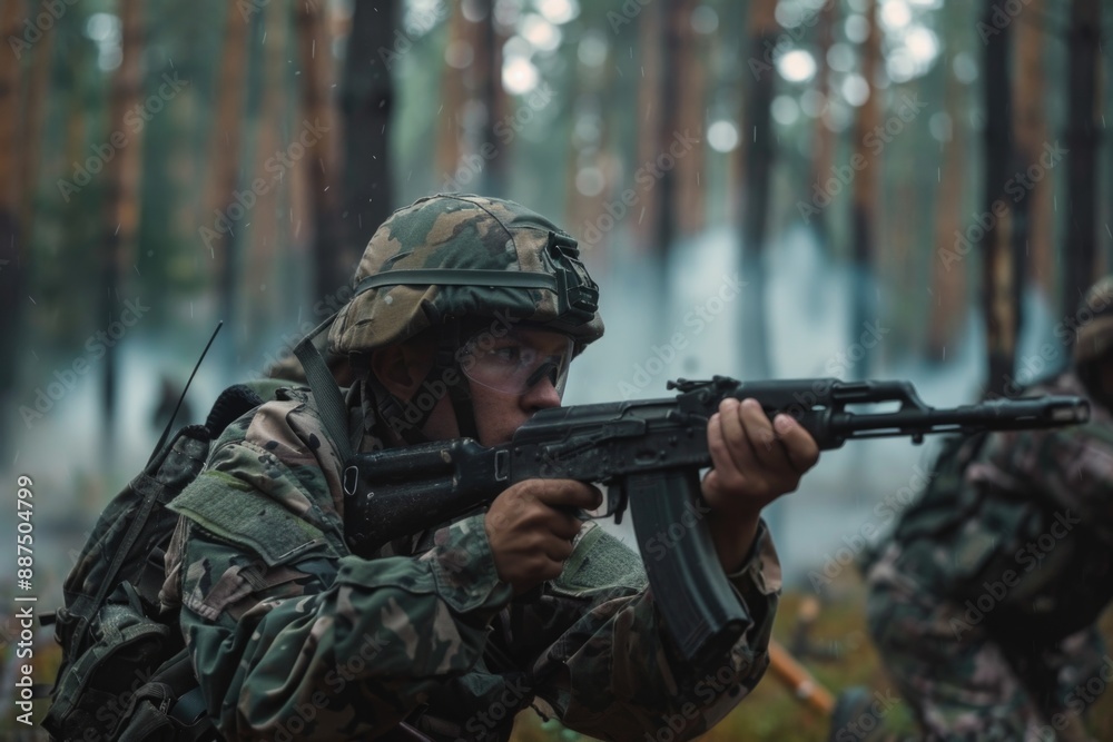 Poster a man wearing camouflage gear holds a rifle while standing in a dense forest