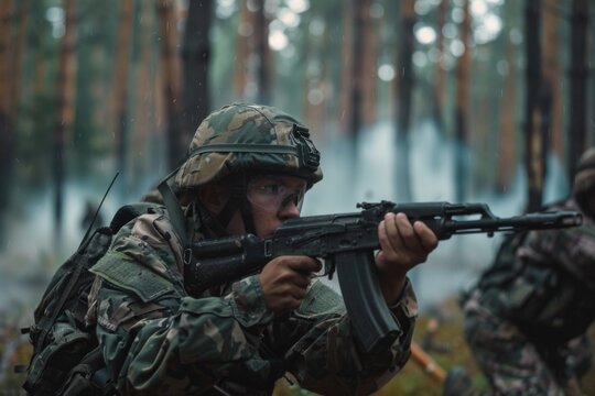 A man wearing camouflage gear holds a rifle while standing in a dense forest
