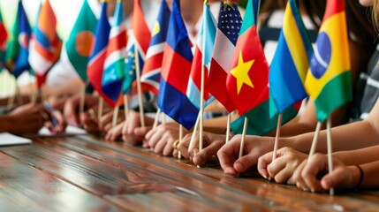 International delegates taking notes with various global flags in the background