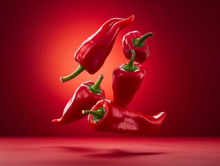 Ripe Red Peppers Floating in Mid-Air Against a Red Background