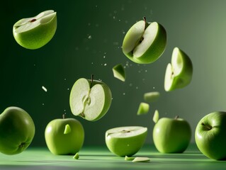 Green Apples in Motion with Floating Slices