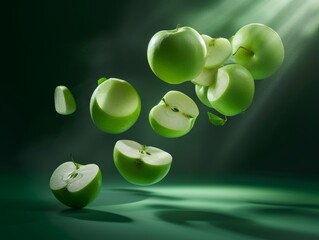 Green Apples Cut in Half Floating in the Air with Light Rays