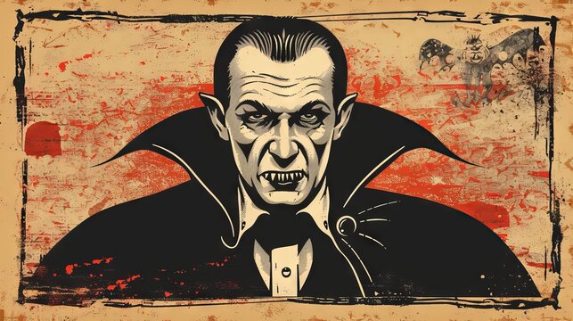 Gothic vampire with cape and fangs in vintage illustration. Concept of horror, classic monster, Halloween, eerie, count dracula