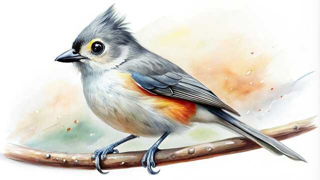 Delicate watercolor artwork of a charming tufted titmouse perched on a branch, showcasing vibrant plumage and curious expression, set against a crisp white background.