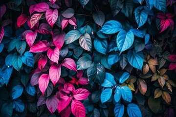 Close up of vibrant blue and pink leaves with a dark background creating a striking and colorful contrast