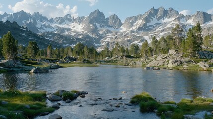   A picturesque scene of a mountain range with a serene lake in the foreground, surrounded by lush green grass and scattered rocks