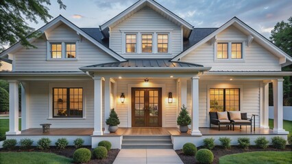 Inviting white modern farmhouse features a beautiful white front door, sleek black light fixtures, and a cozy covered porch perfect for relaxation.