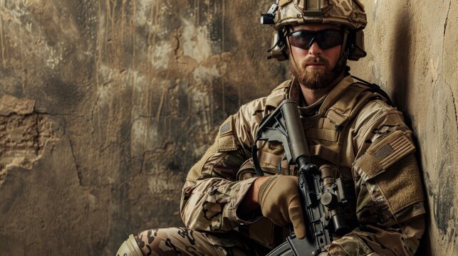 A portrait of a resolute american soldier in full gear,&nbsp;posing with his rifle against a wall