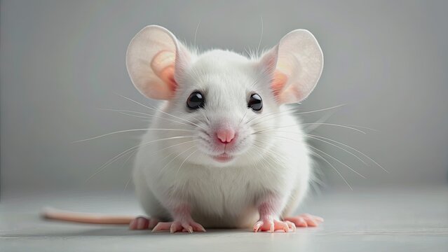 Adorable white mouse with oversized eyes and ears sits alone on a clean plain background, showcasing its innocence and curiosity in a charming pose.