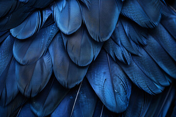 Abstract background with a blue feather texture, in a macro shot. An elegant dark wallpaper for design and presentation. A close up of a bird feather on a navy color. Shiny, glossy.