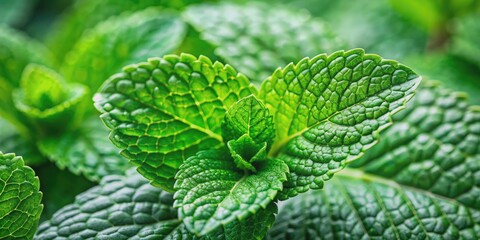 Freshly picked bright green mint leaves glisten with tiny water droplets, showcasing intricate veins and delicate texture in a stunning closeup macro photography.