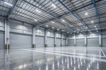Vast empty industrial warehouse interior with large windows, roller shutter door, and polished concrete floor, perfect for logistics, storage, or manufacturing background scenes.