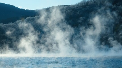   A steamy lake surrounded by lush foliage on a hilly landscape