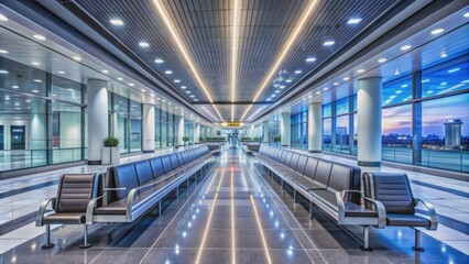 Naklejka premium Modern airport terminal with sleek architecture and bright lighting, empty of people, showcases a pathway lined with sleek lounge chairs and moving walkways.