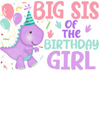 A cute dinosaur wearing a party hat and holding balloons says 