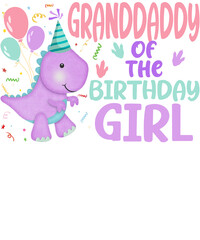 A cute dinosaur wearing a party hat and holding balloons says 