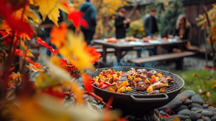 Outdoor autumn barbecue with meat and vegetables on grill, blurred group of people in background. Concept of outdoor cooking, gathering, fall season, social event