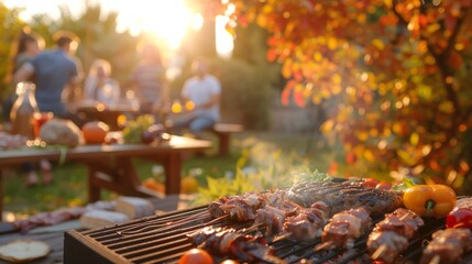 Barbecue skewers on grill in outdoor autumn gathering. Concept of outdoor party, grilling, fall season, social gathering