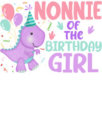A cute purple dinosaur wearing a birthday hat with confetti and balloons in the background and the words 
