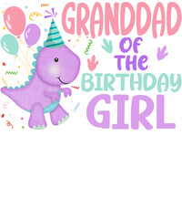 A cute purple dinosaur wearing a party hat and holding balloons says 