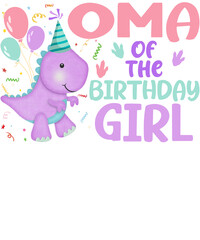 A cute purple dinosaur wearing a party hat and holding balloons says 