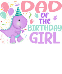 A cute purple dinosaur wearing a party hat and surrounded by balloons says 