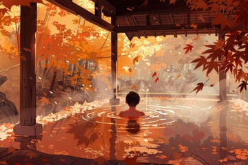 A secluded outdoor hot spring with autumn leaves drifting down. A person soaks in the warm water, Cozy vibe, Generative AI 