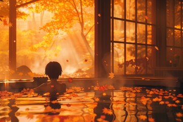 A secluded outdoor hot spring with autumn leaves drifting down. A person soaks in the warm water, Cozy vibe, Generative AI 