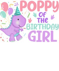 A cute purple dinosaur wearing a party hat with confetti and balloons.  The text reads 