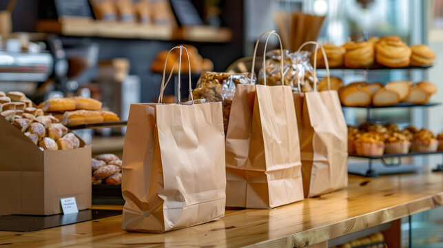 Close up of four paper bags filled with baked goods from a local bakery