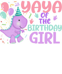 A cute purple dinosaur wearing a party hat with the words 
