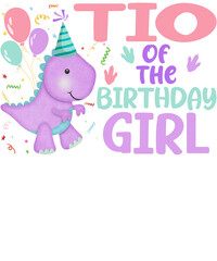 A cute purple dinosaur with a party hat and balloons celebrating a birthday girl.  The text says 