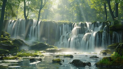 super realistic image of a forest waterfall with clear water, moss-covered rocks,