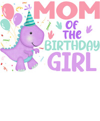 A cute purple dinosaur with a party hat and balloons, celebrating with the text 
