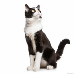 Adorable Black And White Cat Sitting On White Background With Curious Expression And Bright Eyes
