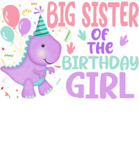 A cute purple dinosaur with party hat and balloons, celebrating a birthday girl. Text 