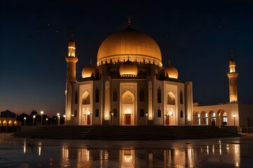 A mosque at night with the lights