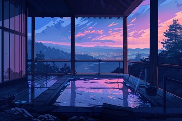 Fototapeta premium A twilight hot spring with a view of distant mountains. Someone unwinds in the gentle heat, Cozy vibe, Generative AI