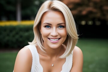 Naklejka premium A beautiful young blonde woman model with a perfect smile headshot, california girl, portrait, beauty, face, hair, eyes, lips, skin, fashion, glamour, photogenic, radiant, cheerful, happy, elegant