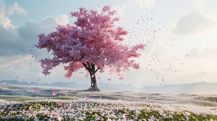 a cherry blossom tree in full bloom with petals falling gently,