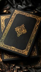 A pair of black tarot cards with gold foil borders, illustrated with bold line blank frame backdrops. The gold foil lines glisten beautifully, providing a rich and elegant frame around the cards. The