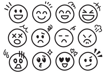喜怒哀楽　手書き絵文字・顔文字のかわいい手書きアイコン	線画モノクロ