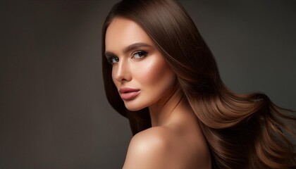 Naklejka premium Portrait of a Model with Shiny Brown Hair and Makeup